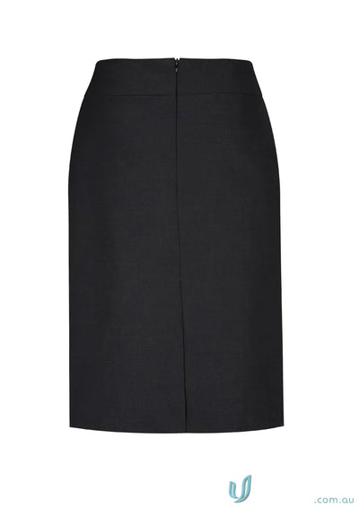 Black knee-length wool relaxed fit skirt with back zipper and small slit for comfort
