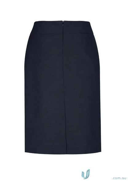 Navy blue wool relaxed fit skirt with back zipper and small slit for comfy style