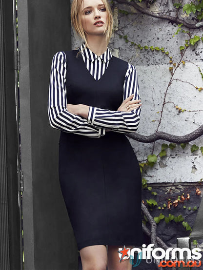 Black cool stretch sleeveless VNeck dress with striped shirt for a chic look