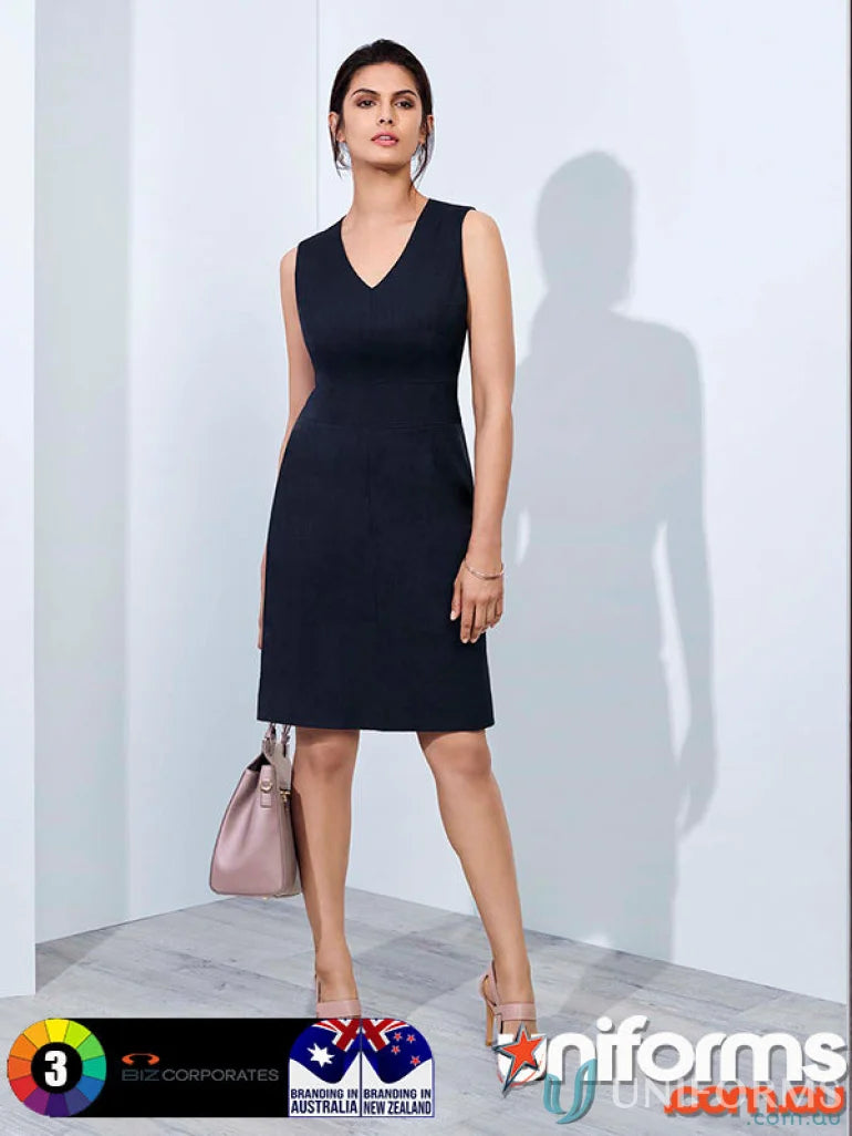 Cool stretch sleeveless navy V-neck dress from CLEARANCE with bamboo charcoal fabric