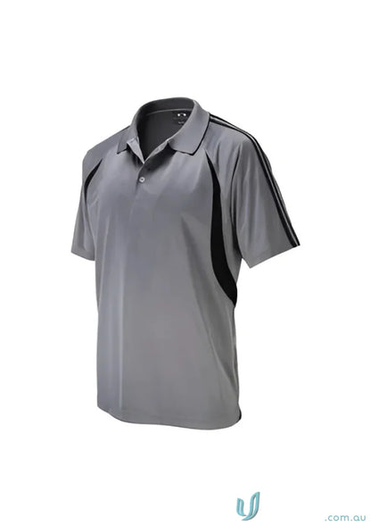 Gray polo shirt with black accents from men’s flash polo biz collection men’s