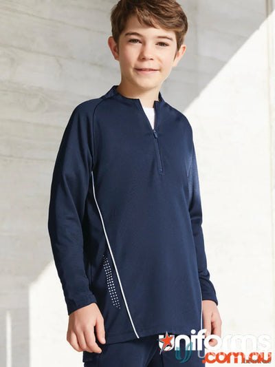 Navy blue kids balance collection athletic pullover with thumb loops and balance mid layer design