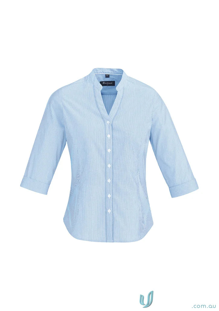 Light blue three-quarter sleeve blouse perfect for workwear or uniforms at Bordeaux