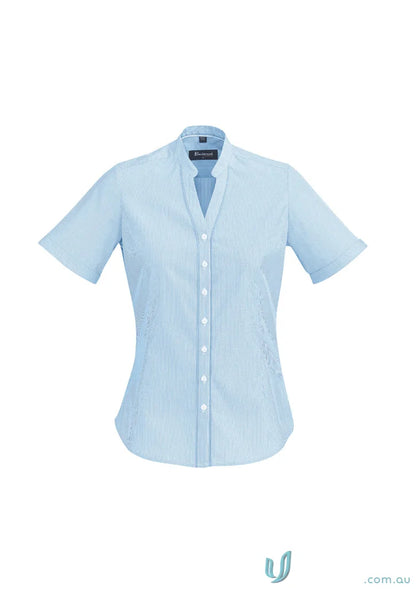 Light blue women’s button-down shirt ideal for work uniforms or workwear, on sale