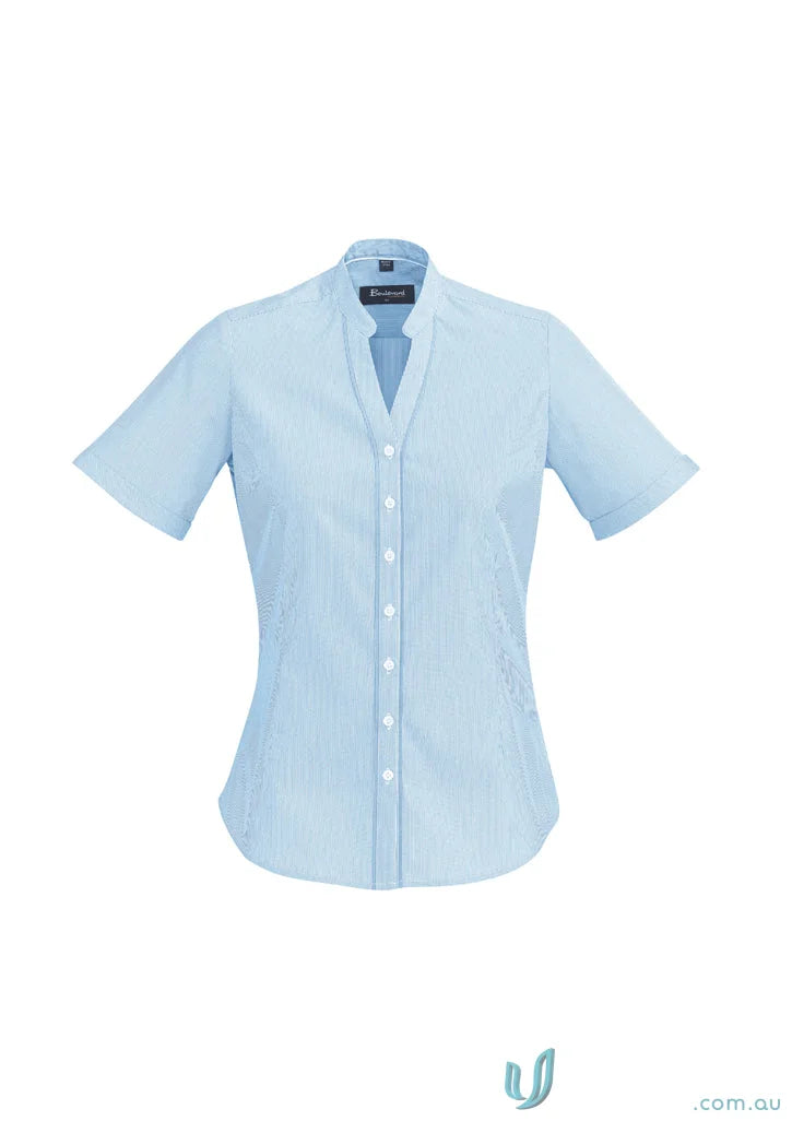 Light blue women’s button-down shirt ideal for work uniforms or workwear, on sale