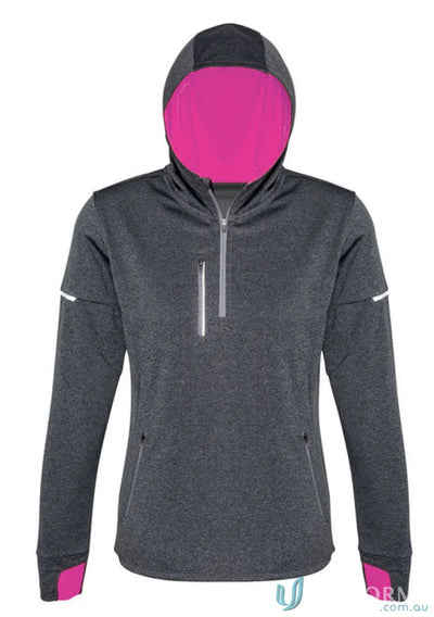 Gray hooded athletic jacket from the Ladies Pace Hoodie Biz Collection with fluoro hood lining