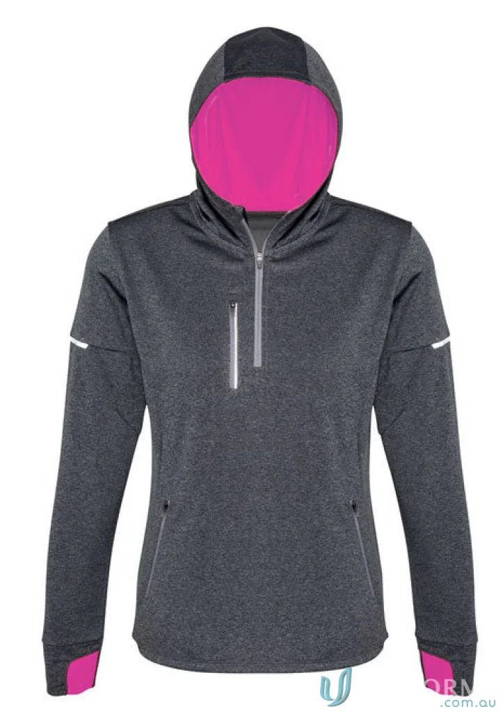 Gray hooded athletic jacket from the Ladies Pace Hoodie Biz Collection with fluoro hood lining