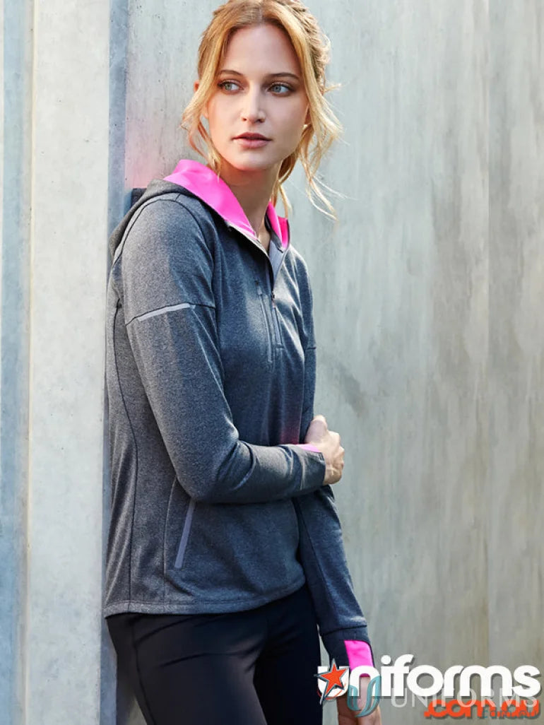 Gray and pink athletic hoodie with fluoro hood lining for ladies pace hoodie biz collection ladies