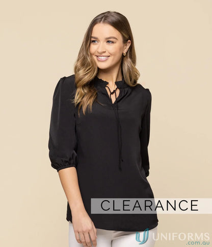 Black tie-neck blouse with ruffle collar and sleeve keyhole from CLEARANCE Piper 3Q Top, machine washable
