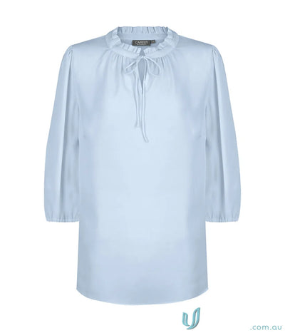 Light blue Piper 3Q Keyhole Top with ruffle collar and tie, machine washable blouse