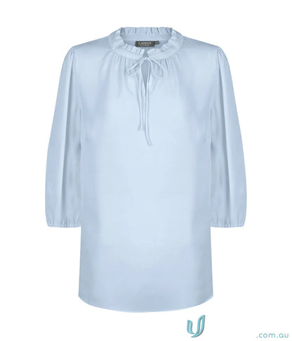 Light blue Piper 3Q Keyhole Top with ruffle collar and tie, machine washable blouse