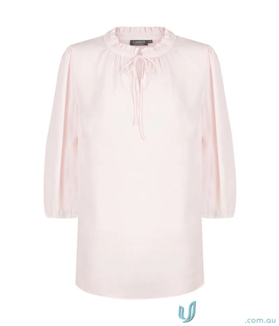 Piper 3Q Keyhole Top light pink blouse with ruffle collar and machine washable fabric