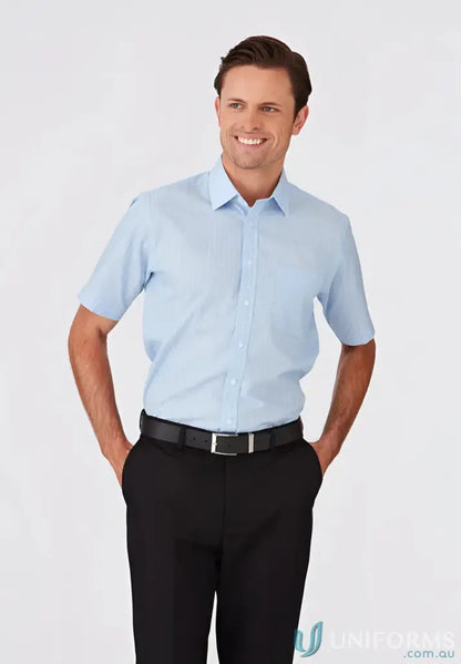 Man wearing light blue shadow stripe SS shirt from CLEARANCE workwear collection