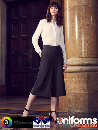Woman wearing stylish Siena Mid Length Culottes and blouse outfit, perfect workwear