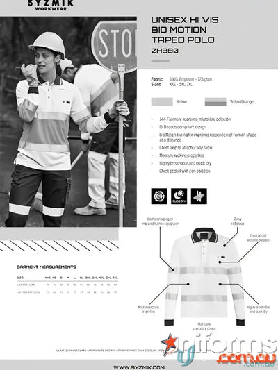 Hi-vis workwear ad featuring Syzmik Unisex BIO Motion Taped LS Polo ZH380