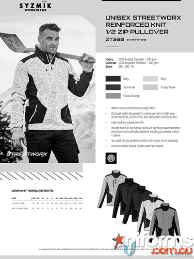 Streetworx reinforced zip pullover ZT380 in marle knitted fleece for workwear comfort