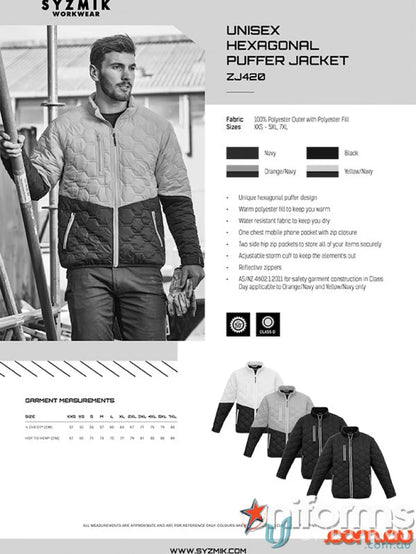 Unisex hexagonal puffer jacket with reflective zippers from Syzmik zj420 jacket collection