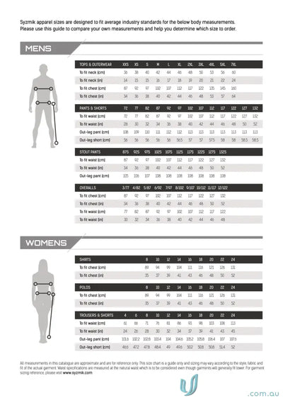 Apparel size chart for SYZMIK Streetworx Curved Cargo Short from SYZMik Men’s Streetworx essentials organized