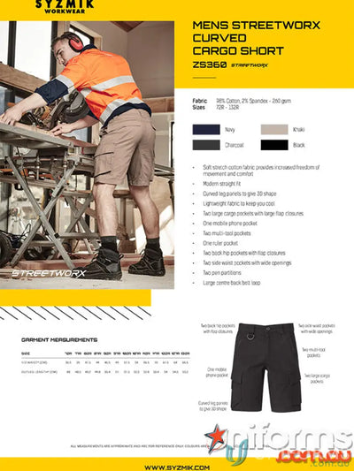 Mens workwear cargo shorts from SYZMIK Streetworx, perfect for essentials organized outdoor days