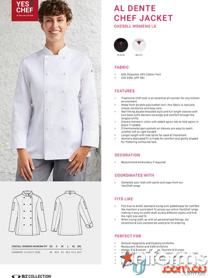 White women’s al dente chef jacket with long sleeves from Yes Chef! style meets functionality