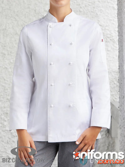 White chef jacket from Yes Chef Al Dente Ladies LS collection showcasing style meets functionality