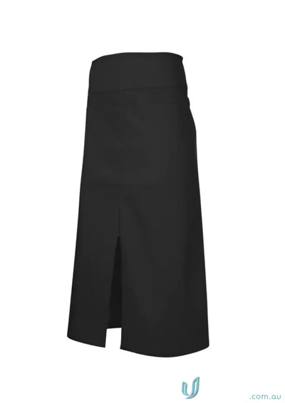 Black split-hem skirt styled with continental apron BA93 fold-over waist apron or stride split apron casual look