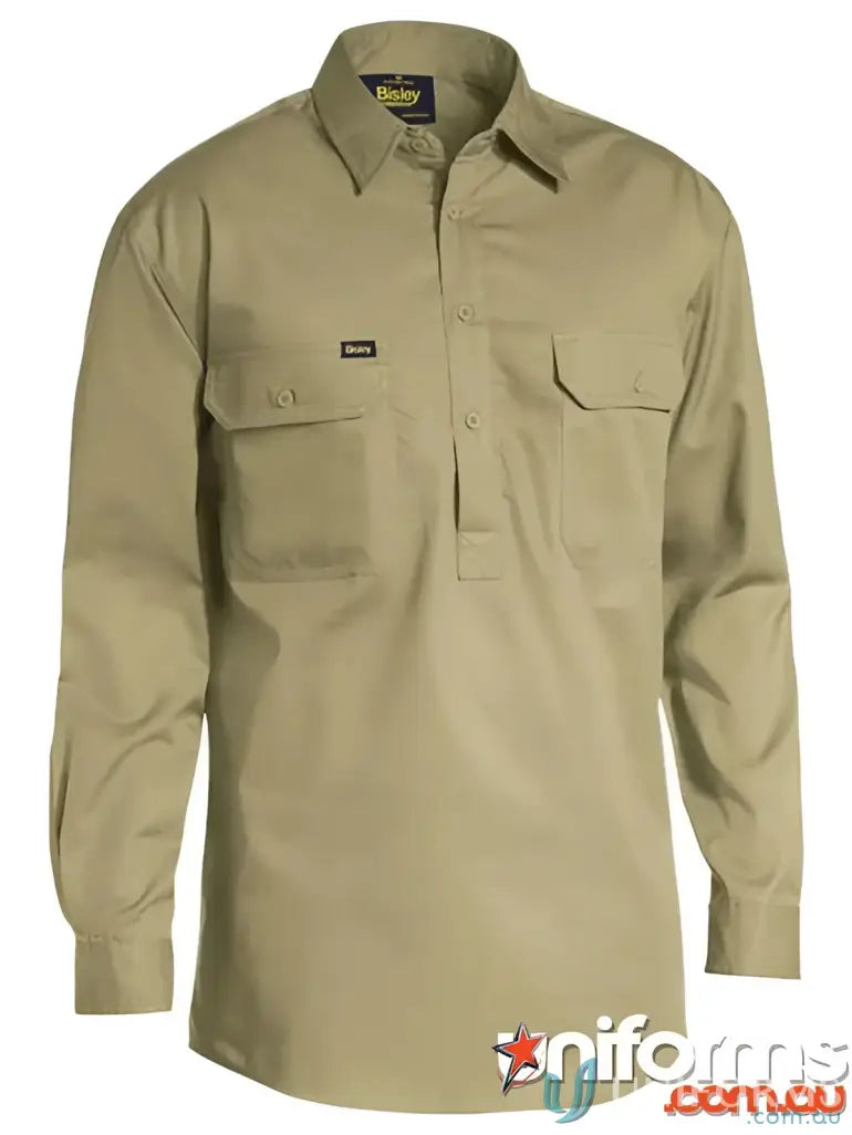 Khaki closed front cool lightweight drill work shirt with fit body chest design