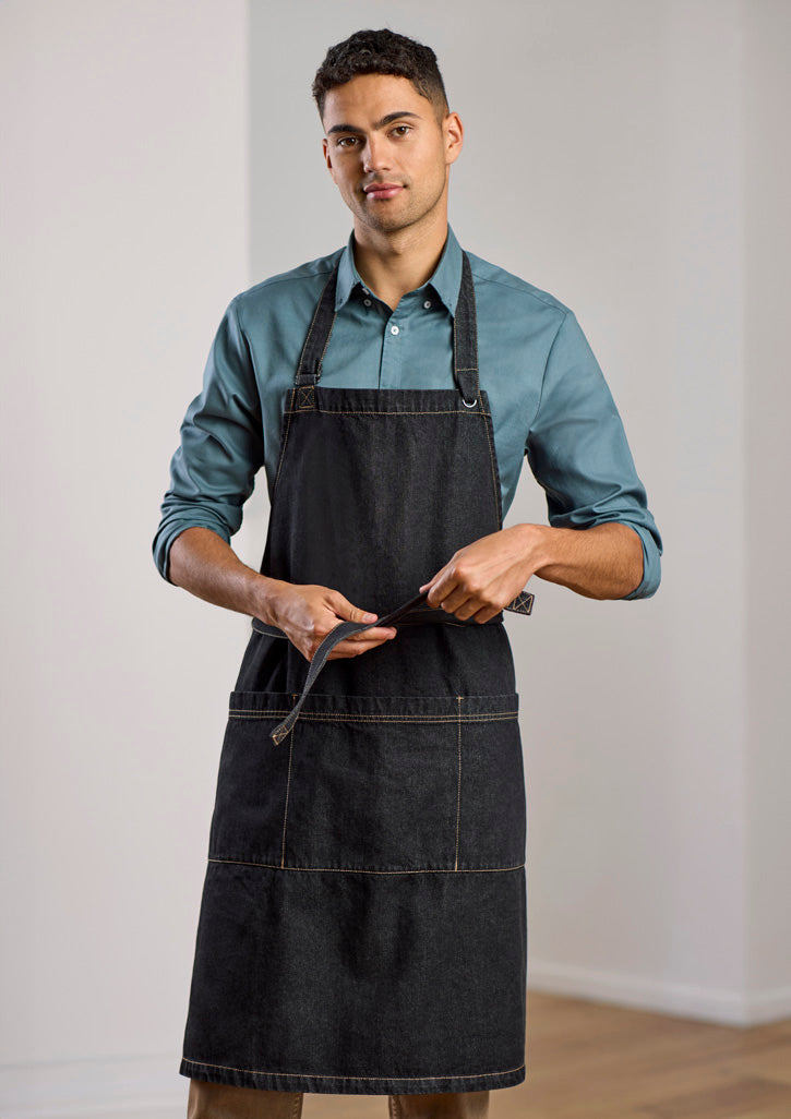 Clout apron black denim with front pockets and adjustable straps