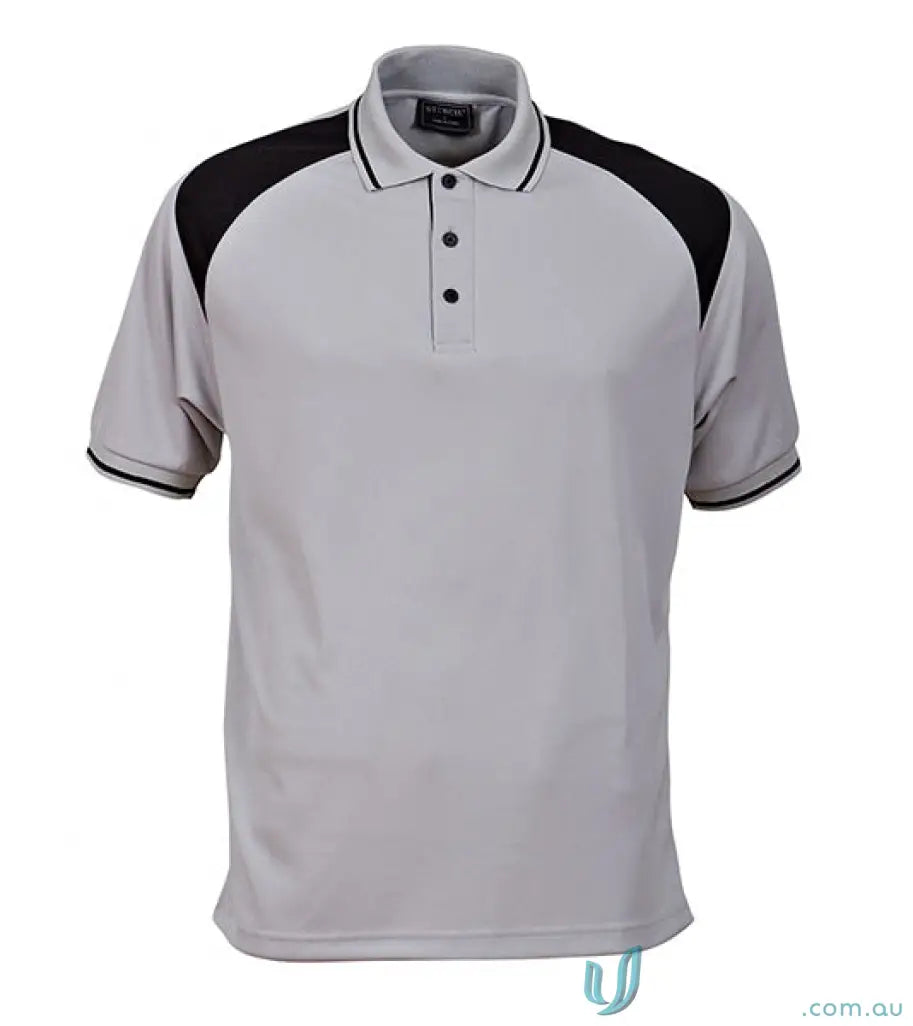 Gray polo shirt with black shoulder panels from Club Cool Dry Polo, perfect for work uniforms