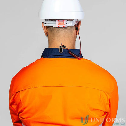 Construction worker’s hard hat with coil hard hat tether for safety and convenience