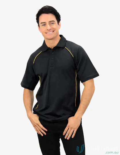 Black polo shirt with yellow contrasting piping for cooldry moisture management technology