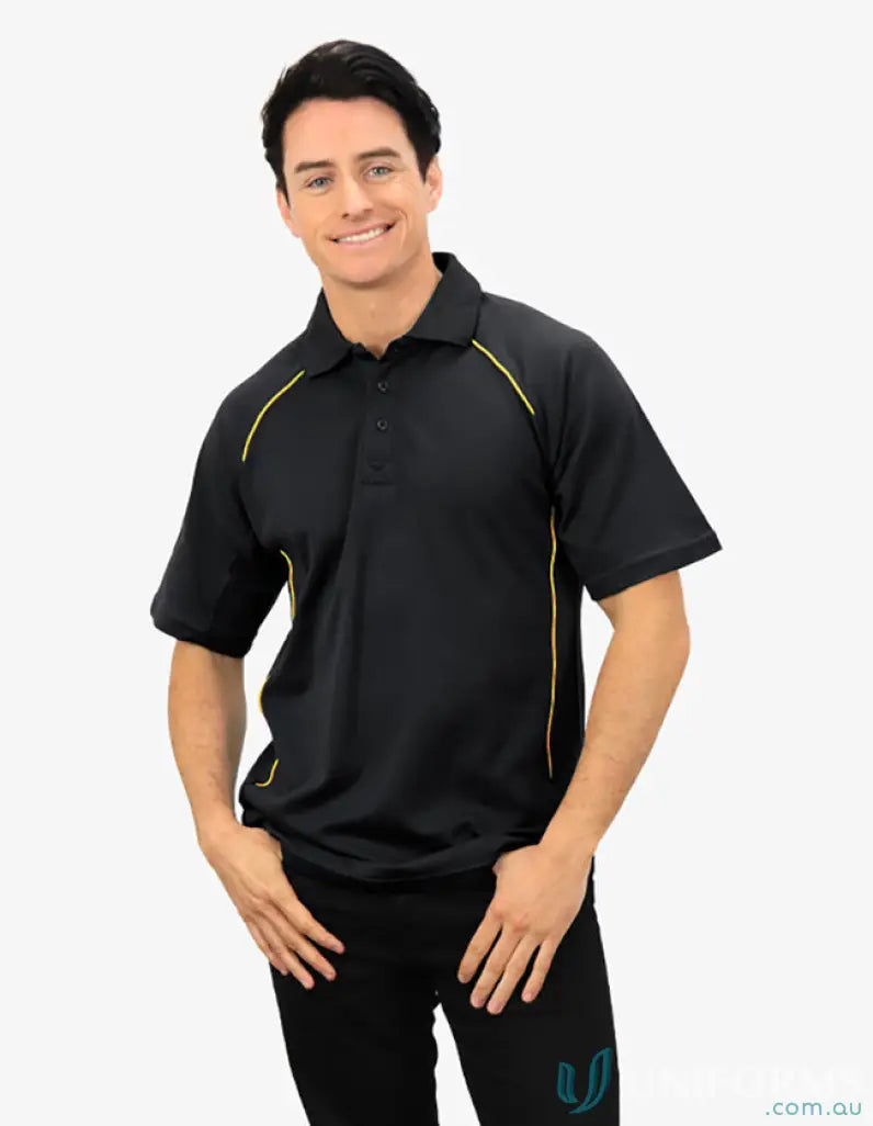 Black polo shirt with yellow contrasting piping for cooldry moisture management technology