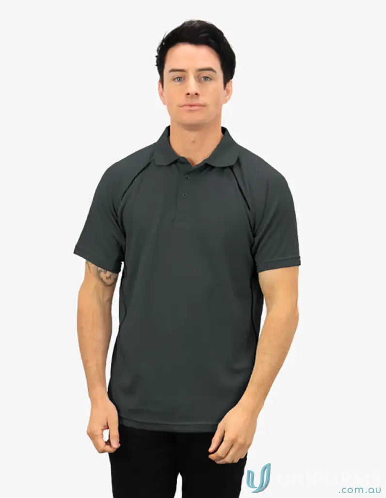 Gray short-sleeved polo shirt with contrasting piping and cooldry moisture management tech