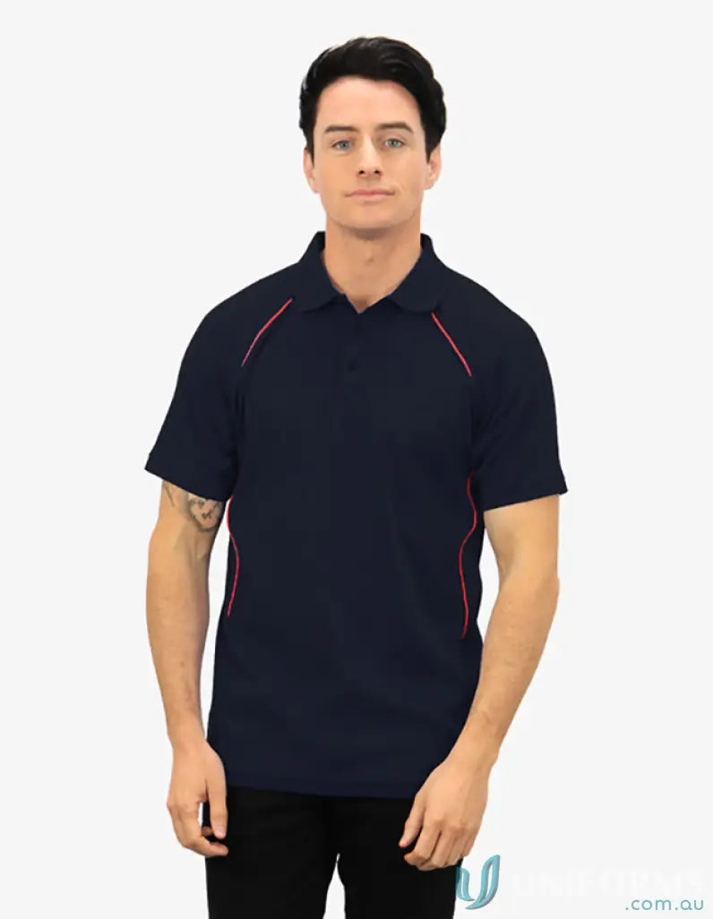 Navy polo shirt with pink contrasting piping, cooldry moisture management tech