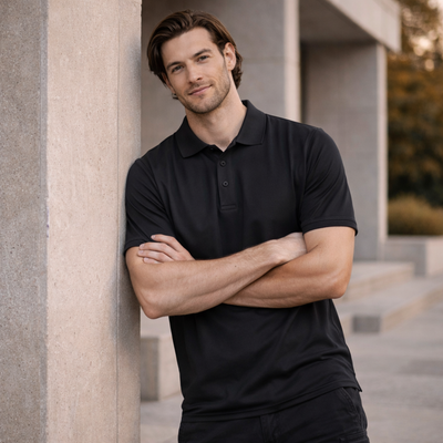 Black combed cotton ice polo shirt, Biz Collection mens ice short sleeve front