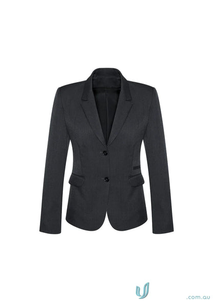 Black women’s blazer from Comfort Wool 2 Button Mid Length Jacket with embroidery access zip