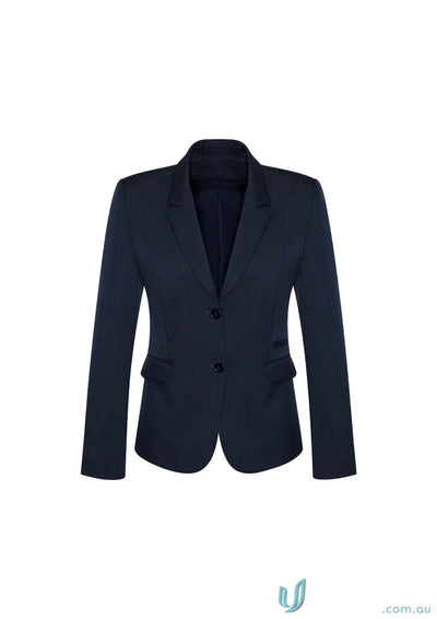 Navy blue women’s blazer made of comfort wool stretch with embroidery access zip