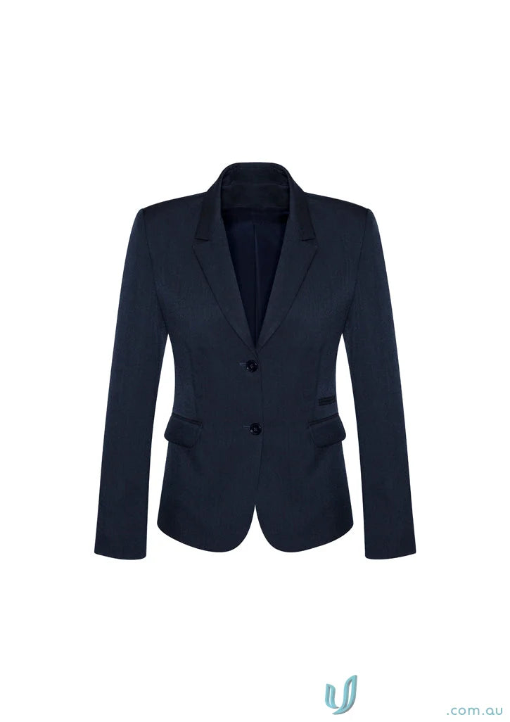 Navy blue women’s blazer made of comfort wool stretch with embroidery access zip