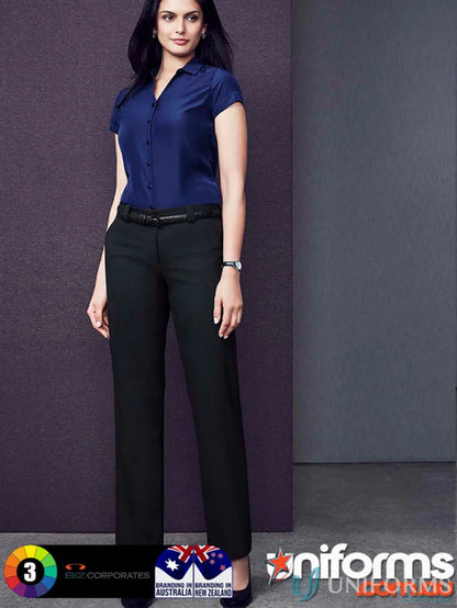 Professional women’s navy short-sleeve collared shirt with black trousers for workwear