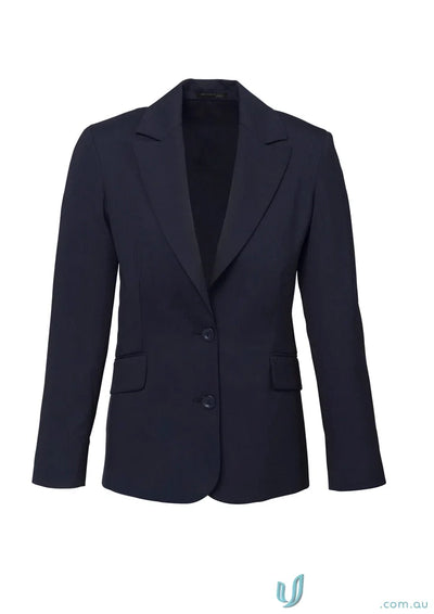 Navy blue comfort wool longline ladies jacket with embroidery access zip and wool stretch