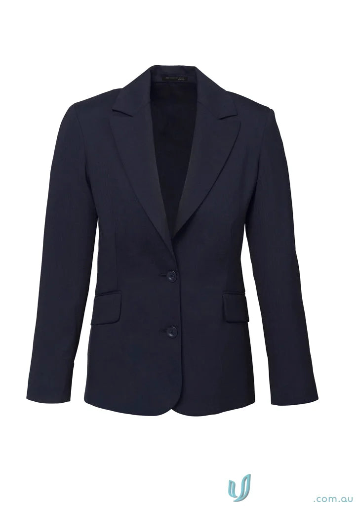 Navy blue comfort wool longline ladies jacket with embroidery access zip and wool stretch