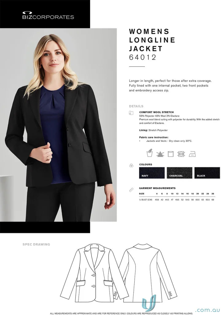 Women’s longline jacket with comfort wool, embroidery access zip, and wool stretch fit