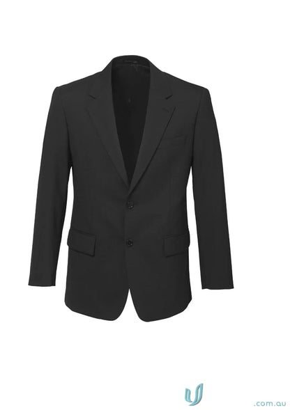Classic black men’s blazer with notch lapels and flap pockets, premium wool stretch fabric