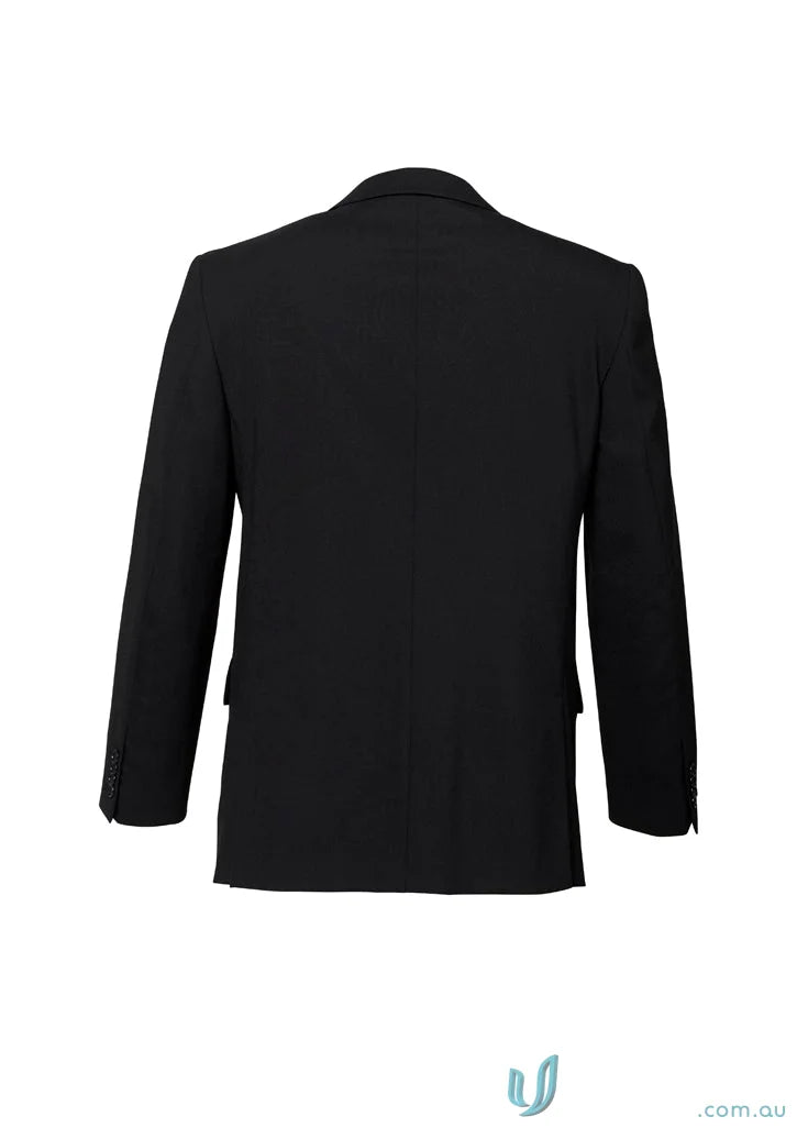 Men’s black blazer with notched lapel from Comfort Wool Mens 2 Button Single Breasted Jacket featuring premium wool stretch and comfort pads