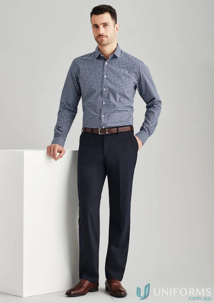Man in navy blue gingham shirt wearing Comfort Wool Mens Wool Stretch Flat Pants
