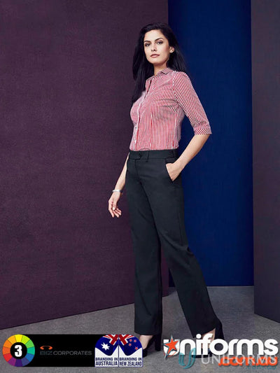 Woman wearing red and white striped shirt with black comfort wool midrise adjustable waist pant