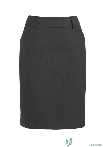 Women’s dark gray comfort wool stretch multi-pleat skirt with belt loops and side pockets