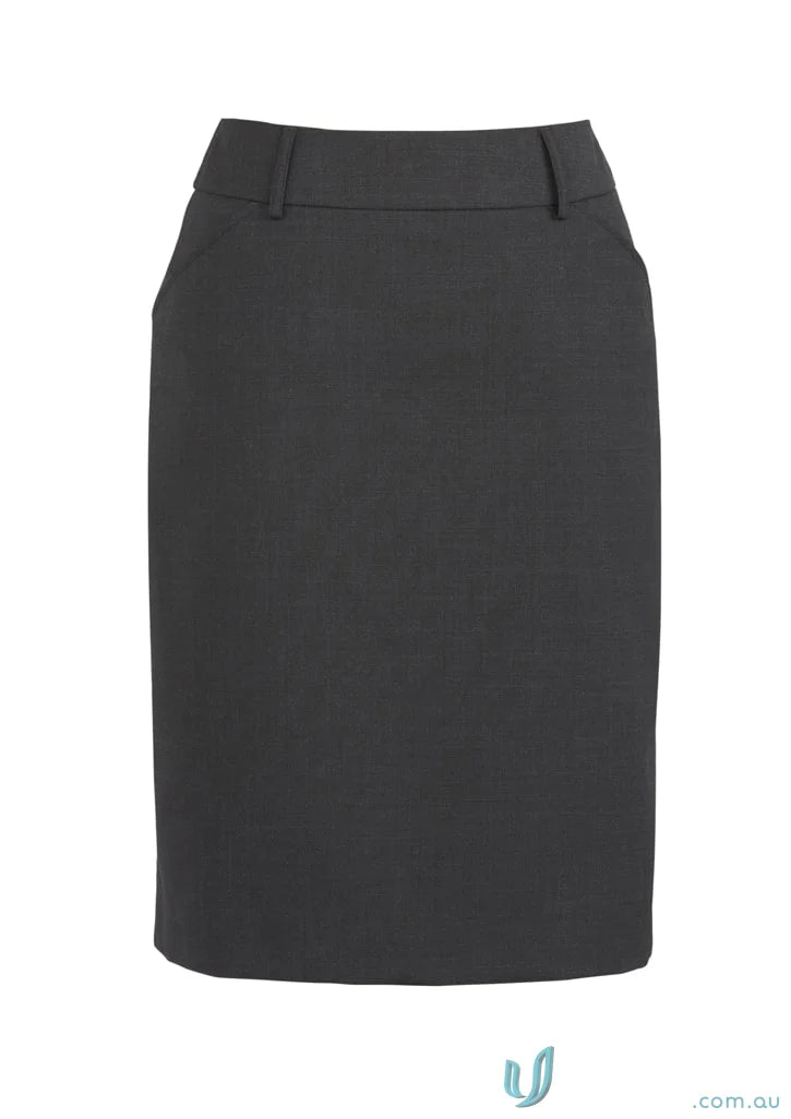 Women’s dark gray comfort wool stretch multi-pleat skirt with belt loops and side pockets