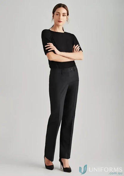 Woman in black comfort wool relaxed fit straight leg pants showcasing stylish comfort wool relaxed wear