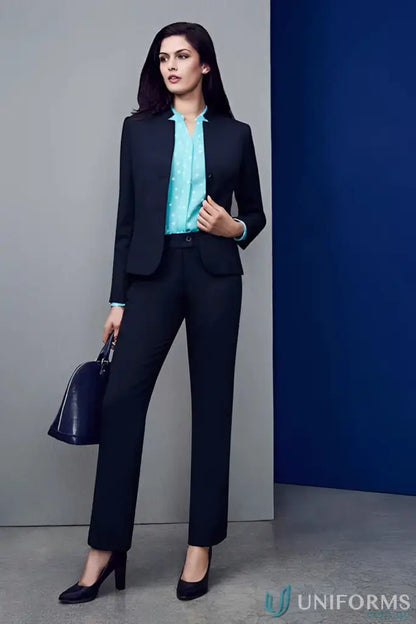 Woman’s navy business suit with comfort wool relaxed stretch fit straight leg pants
